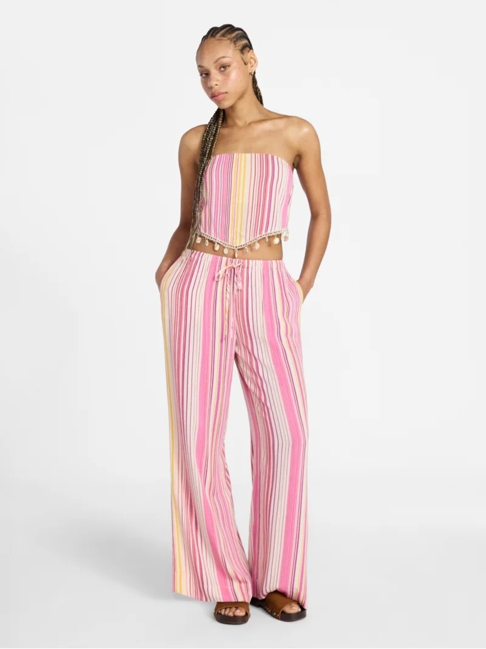 Pink Multi-Stripe Straight Leg Pants Top Set